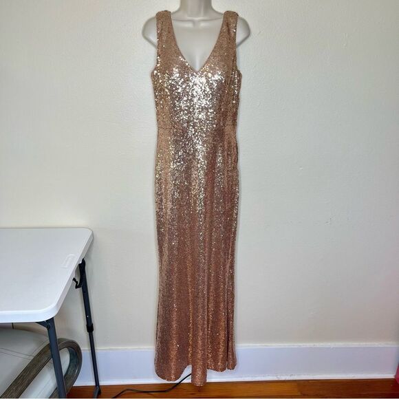 Revelry Dakota Rose Gold Sequin Gown V Neck Draped Scoop Open Back Women 16 - Picture 15 of 16